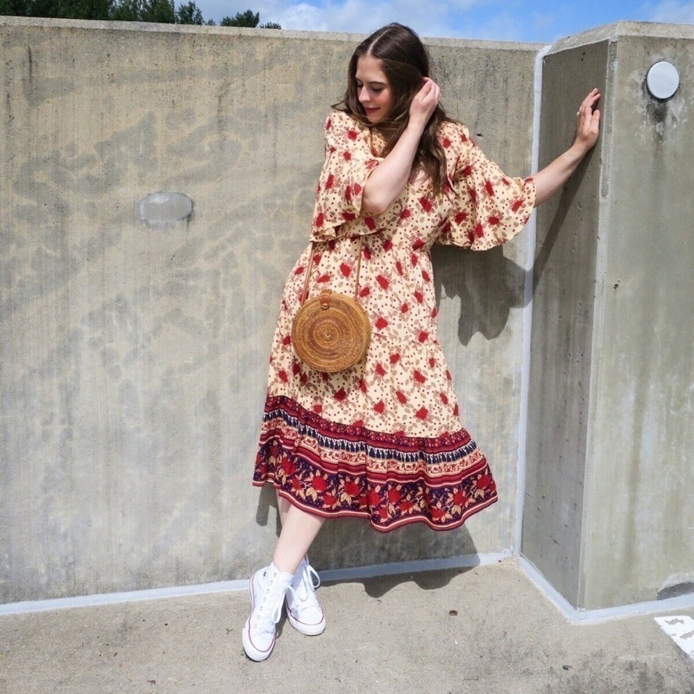 Faithfull the Brand x Anthropologie Melia Floral Midi Dress Bell Sleeve Size 4
